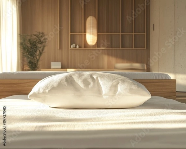 Fototapeta White pillow in the style of mockup that lie in the middle of the bed 