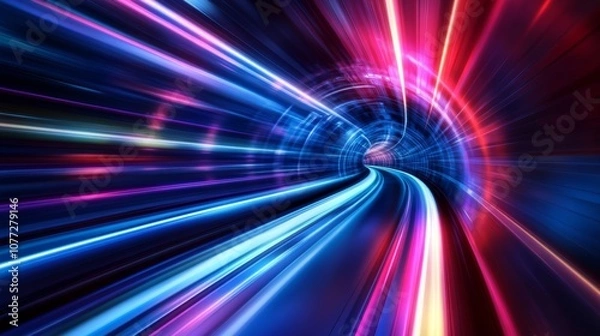 Fototapeta Light trails accelerating through futuristic tunnel at warp speed