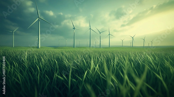 Fototapeta Wind Turbines for sustainability and green energy on a field of grass