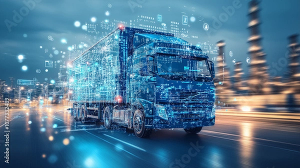 Fototapeta A blue truck on the road, with data and technology elements floating