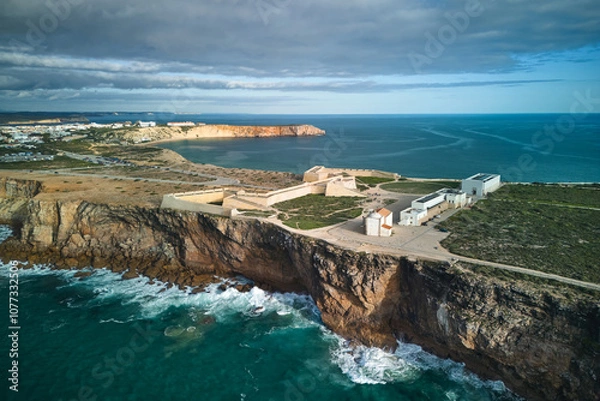 Fototapeta Dramatic view of the Sagres Fortress from above in Portugal