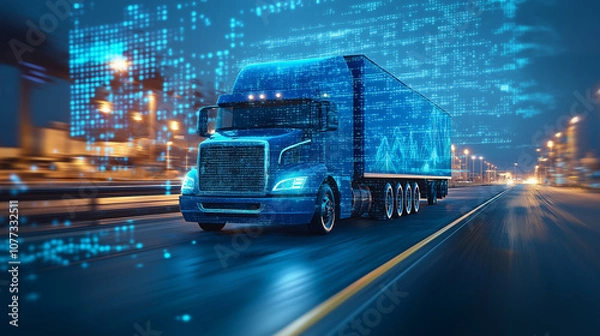 Fototapeta A blue truck on the road, with data and technology elements floating