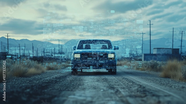 Fototapeta A blue car on the road, with data and technology elements floating