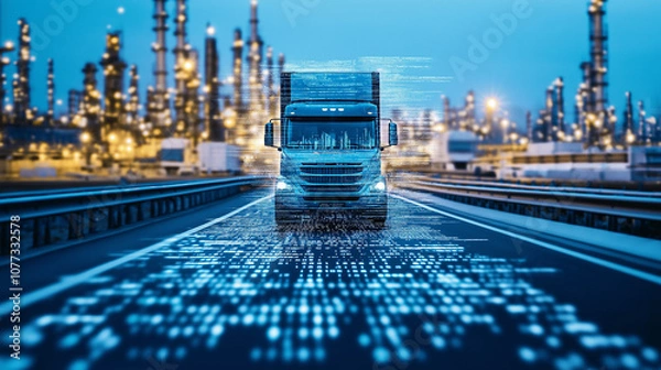 Fototapeta A blue truck on the road, with data and technology elements floating