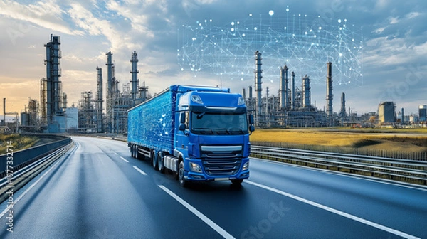 Fototapeta A blue truck on the road, with data and technology elements floating