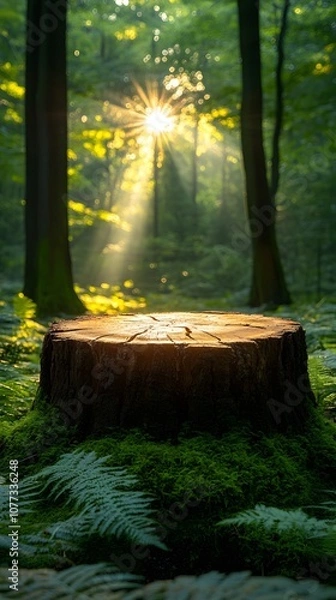 Fototapeta Sun Rays Through Forest Canopy with Tree Stump