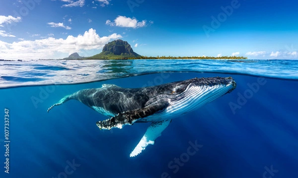 Obraz Indian Ocean, Mauritius Whale and humpback whale and vibrant coral reefs and sea Turtles. Mauritius island under waterfall, Mauritius undersea, Mauritius sea, humpback whale	