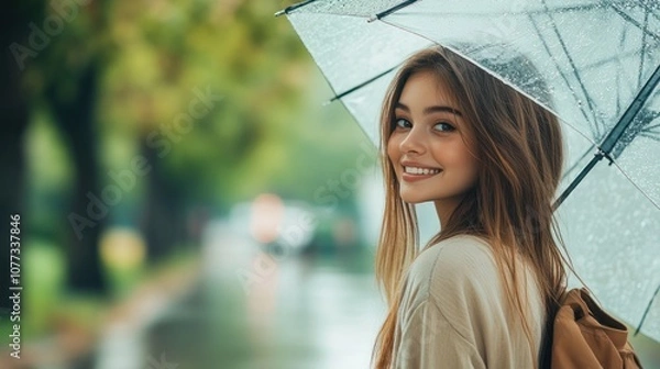 Obraz Smiling Girl With Umbrella in the Rain