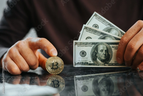 Fototapeta A close-up of a metallic shiny cryptocurrency coin bitcoin holding dollars with one hand on top in the other hand, everything is reflected on the table