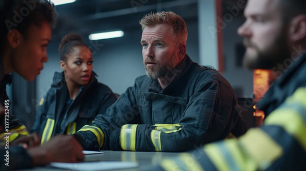 Fototapeta Firefighters Engaged in a Crucial Team Meeting at the Station, Discussing Strategies and Safety Protocols After a Recent Emergency Response