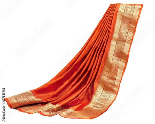 Obraz Elegant orange silk saree draped beautifully, showcasing intricate pleats and golden border.