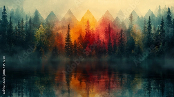 Fototapeta A serene landscape featuring misty trees, a colorful sunset, and a reflective water surface that creates a tranquil and dreamlike atmosphere.