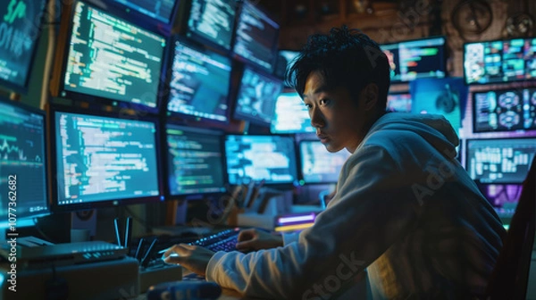 Obraz A Young Individual Focusing Intently on Multiple Computer Screens Displaying Code in a Dimly Lit Room Filled With Technology at Night