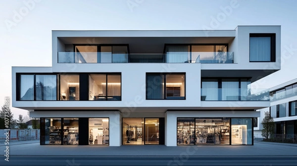 Fototapeta Modern multi-story building with large windows and retail shops on the ground floor, featuring a minimalist architectural design and clean lines.