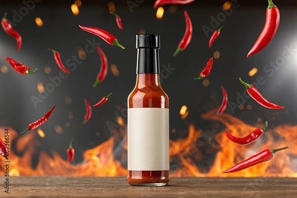 Fototapeta Hot Sauce Bottle with Blank Label Surrounded by Red Chili Peppers and Flames, mockup for designs, template.