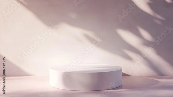 Fototapeta White Cylinder Platform Against a Light Pink Wall with Leaf Shadows