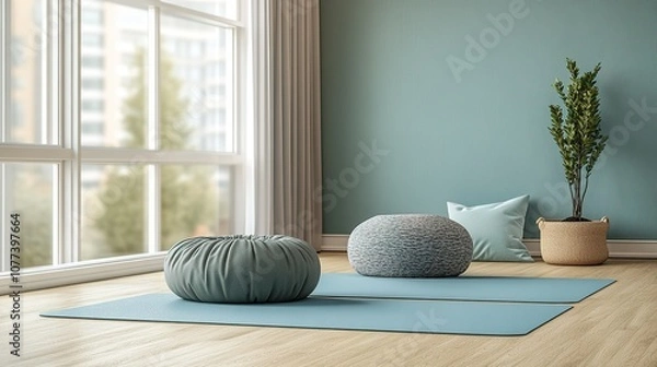 Fototapeta Minimalist yoga space with cushions and plant by window