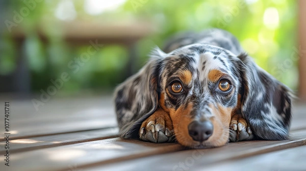 Fototapeta A dappled dachshund with a sweet expression lying in a sunlit patch on a wooden floor.