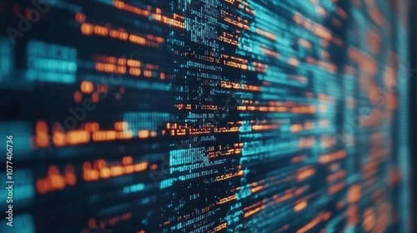 Fototapeta Abstract digital code with orange and blue glow on dark background.