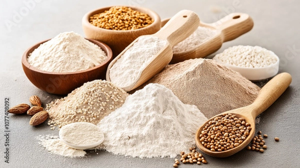 Fototapeta Various types of flour and seeds displayed on a kitchen table with wooden bowls and scoops, including almond flour, quinoa, and millet seeds.