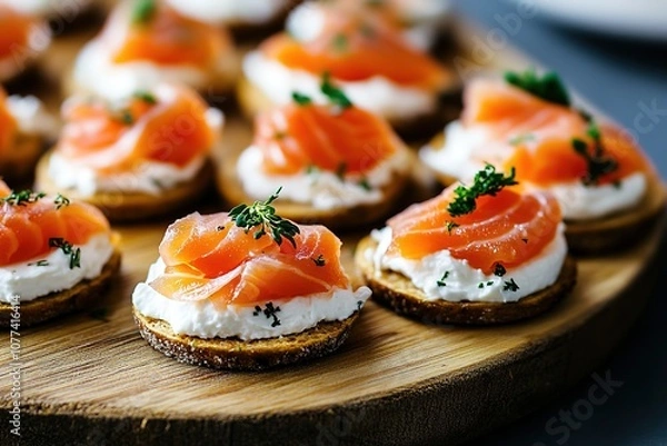 Fototapeta Appetizing salmon canapes on wooden board, close-up