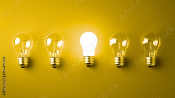 Obraz A row of lightbulbs with one turned on, concept image of lightbulb moment of good idea