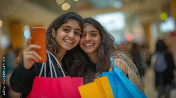 Fototapeta Friends taking selfies with shopping bags, joyful expressions, mall setting