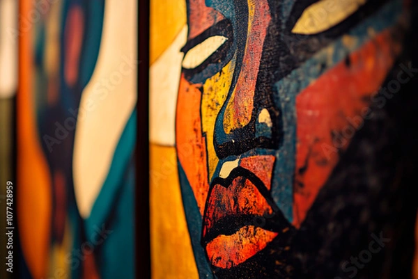 Fototapeta Closeup of vibrant abstract African-inspired artwork featuring expressive faces, highlighting bold colors and textures in a modern gallery setting