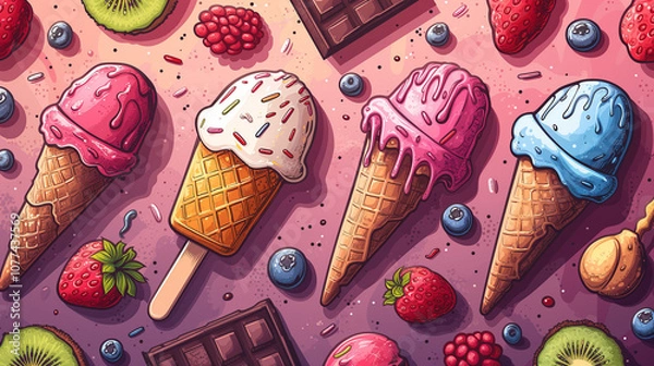Obraz Colorful vector illustration of ice-cream doodle.
