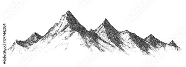 Fototapeta Abstract dotted mountain range in overlayed pointillist grunge texture style. Vintage photocopy of snowy range of hills, mounted landscape with grainy noise. Retro halftone vector illustration.
