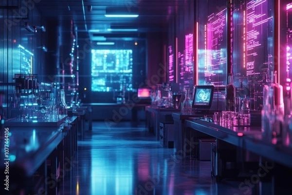Fototapeta A futuristic laboratory with glowing screens displaying data and lab equipment on the tables.