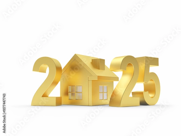 Obraz 3D illustration golden house icon with 2025 numbers.