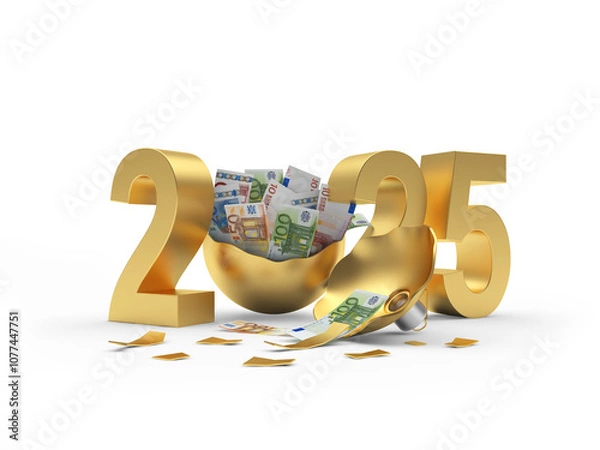 Obraz 3D illustration of 2025 with different Euro banknotes in a broken Christmas ball.