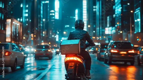 Fototapeta A food delivery scooter weaving through busy city traffic with tall buildings and bright lights in the background.
