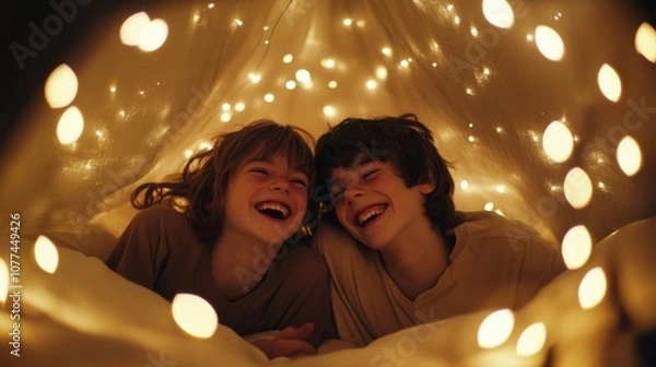 Obraz Giggling children embrace joy and wonder under twinkling lights in a magical hideaway.