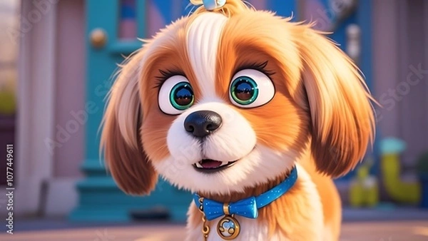 Obraz A cute cartoon dog with a bowtie - A playful, happy dog in a cartoon style wearing a bowtie. Give it a fun and quirky personality, with exaggerated features and bright colors.