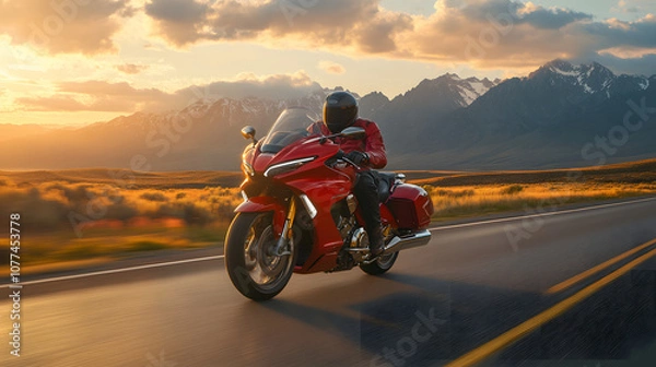 Obraz A glossy sports motorcycle speeding down an open road at sunrise with mountains and clouds in the background.