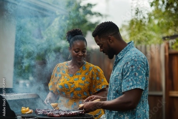 Fototapeta Couple enjoys backyard BBQ on a sunny day