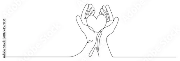 Fototapeta Continuous one line drawing, Health care hands holding heart. design poster art print. vector illustration