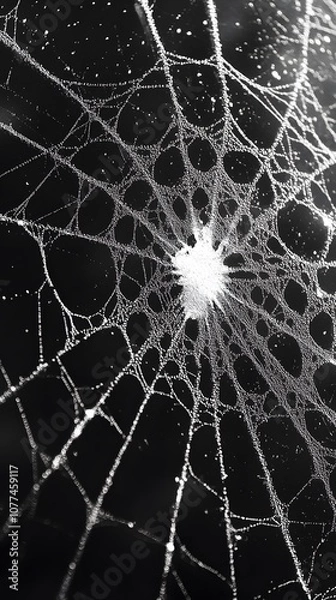 Fototapeta A close-up of a spider web with intricate patterns against a dark background.