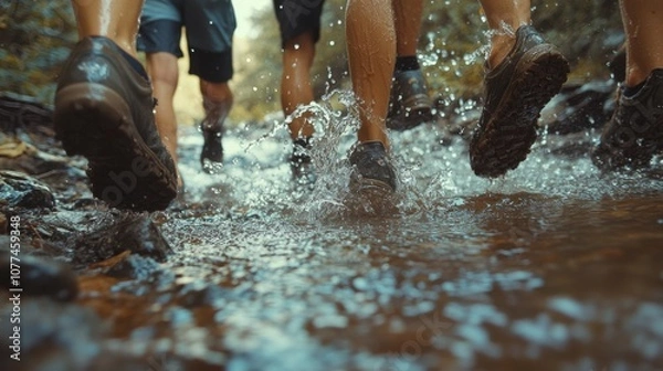 Fototapeta Adventurous hikers splash through a forest stream, capturing the spirit of exploration and nature’s beauty in a dynamic motion-packed outdoor scene.