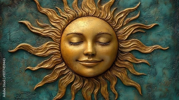 Fototapeta A decorative sun motif with a serene face, symbolizing warmth and positivity.