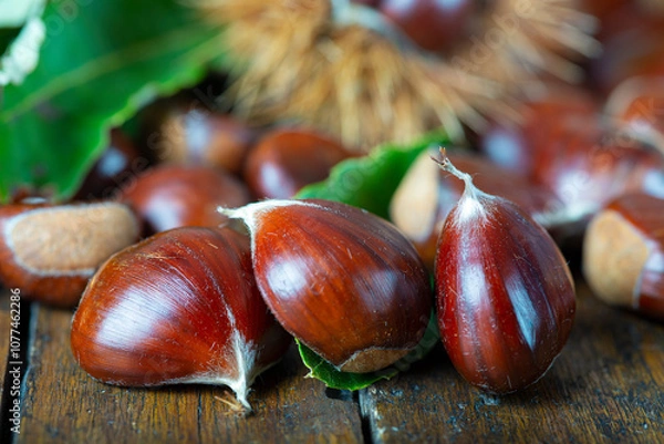 Fototapeta Chestnuts with leaves and burs on a wooden table