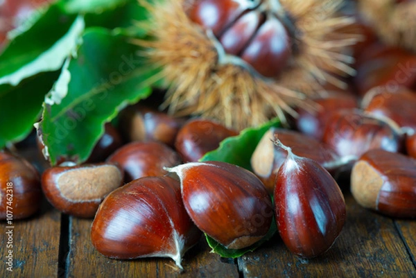 Fototapeta Chestnuts with leaves and burs on a wooden table