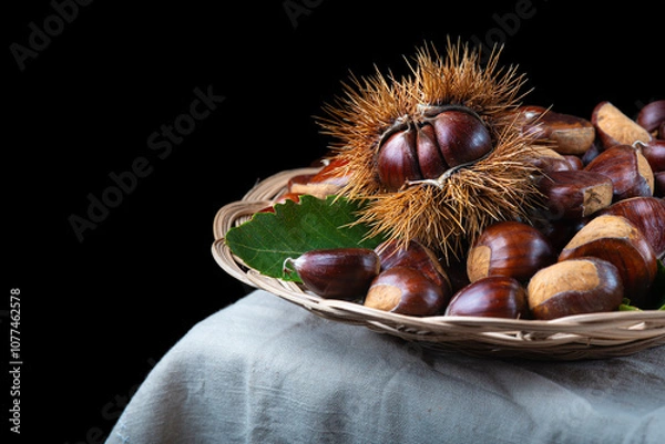 Fototapeta Chestnuts with leaves and burs on a wooden table