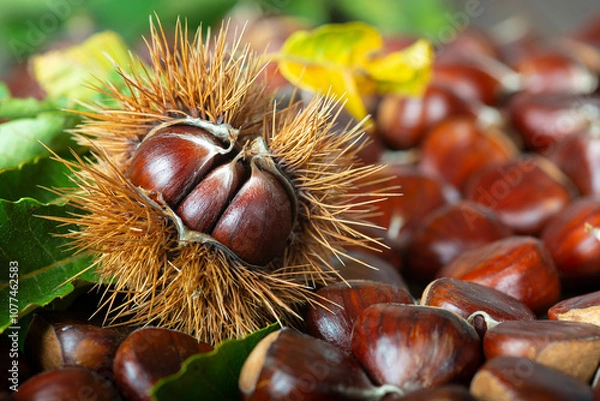 Fototapeta Chestnuts with leaves and burs on a wooden table