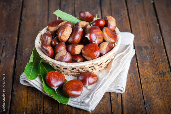 Fototapeta Chestnuts with leaves and burs on a wooden table