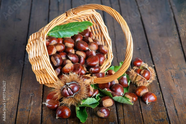 Fototapeta Chestnuts with leaves and burs on a wooden table