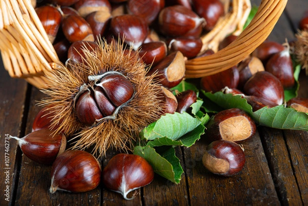 Fototapeta Chestnuts with leaves and burs on a wooden table