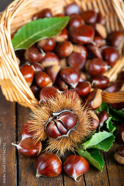 Fototapeta Chestnuts with leaves and burs on a wooden table